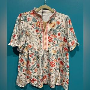 Cottagecore Floral Blouse Ruffle Sleeves with Red and Orange Accents